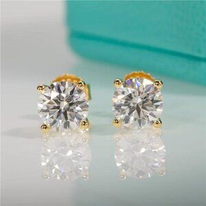 CERTIFIED 18K Yellow Gold 2.0ct Diamond Round Cut Stud Earrings Moissanite 925